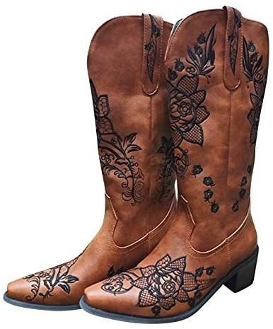 Dasongff Bottes de Cowboy pour Femme à Talon Epais Boots Femme Broderie Moto Casual Boot Equitation Bottes Motard Chic Santiags Rétro Haute Botte Confort Femmes Orthopedique Bottine Automne