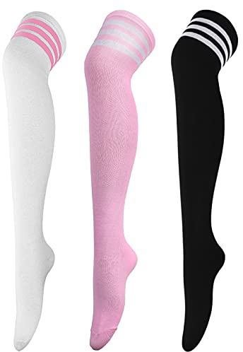 DRESHOW 3 Paar Damen Überknie Kniestrümpfe Overknee Strümpfe Lange Gestreifte Socken Schüler Knitting Sportsocken