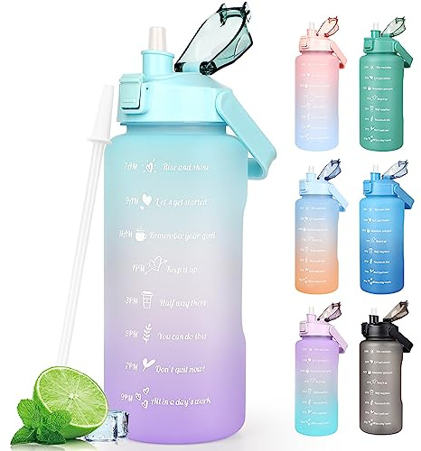 Bouteille d'eau de motivation 2 L sans BPA avec marquage de temps et couvercle de verrouillage, bouteille d'eau anti-fuite avec paille et poignée portable, couleur verte