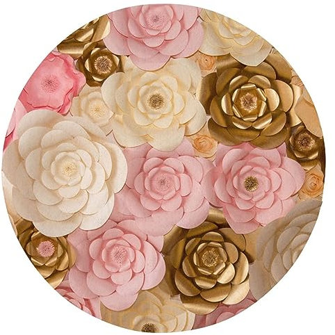 Rosa Weiß Gold Blumen Runder Teppich Super Weich Kreis Überwurf Teppich Rutschfeste Badvorleger Moderner Teppich Waschbar Bodenmatten Ästhetisches Design für Wohnzimmer Sofa Schlafzimmer 61 cm