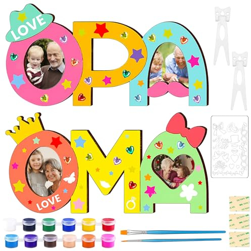 2 Stück Oma und Opa Holzbuchstaben Bastelset, Oma und Opa Geschenke, Holzbuchstaben Großmutter Bastelset Holz mit Pinsel und Standhilfe Acrylic Paint, Geburtstag Weihnachten Geschenk für Großeltern