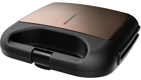 BLACK+DECKER BXSA753 - Sandwichmaker, 750W, für 2 quadratische Sandwiches, vollständig versiegelt, antihaftbeschichtete Platten, Anzeige für ideale Temperatur, kompakt und leicht zu verstauen