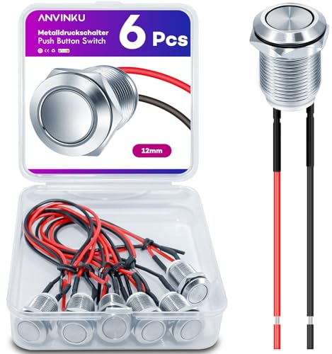 ANVINKU Drucktaster 6 Stück, 12mm Taster, Wasserdichte Tastschalter, 2A/12V/24V/125V/250V Druckschalter, Druckschalter für hupen, Auto Runde