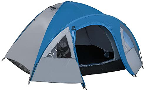 Outsunny Tienda de Campaña para 3-4 Personas Tienda de Camping Doble Capa con Ventanas 2 Bolsillos y Bolsa de Transporte 250x300x130 cm Gris y Azul