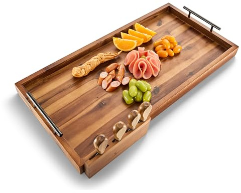 TIDITA 24 Large Charcuterie Tray with Handles, Extra Long Wooden Serving Cheese Boards - Serving Platter for Meat, Party Appetizers, Outdoor & Fruits Display (Acacia Wood)