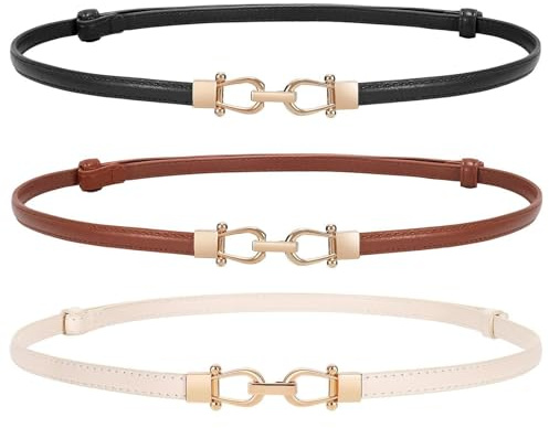WERFORU 3-pack dam mager bälte för klänning, tunt midjebälte justerbart läderbälte med gyllene spänne, Svart + brun + beige, Anzug für Taillengröße unter 94cm