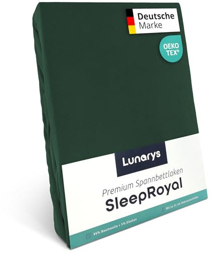 Lunarys® SleepRoyal Luxus Spannbettlaken 200x200 cm - Dunkelgrün - 250 g/m² Premium Bettlaken - 40 cm Steghöhe - für hohe Matratzen, Boxspringbett & Matratze + Topper & Wasserbett - Stretch Jersey