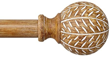 QDWIS Wood Curtain Rods for Windows 48 to 84 Inch,1'' Diameter Drapery Rods with Imitation Wood Grain Leaf Pattern Finials,Boho Adjustable Heavy Duty Curtain Rods Set,36-88'',Color:Natural Wood