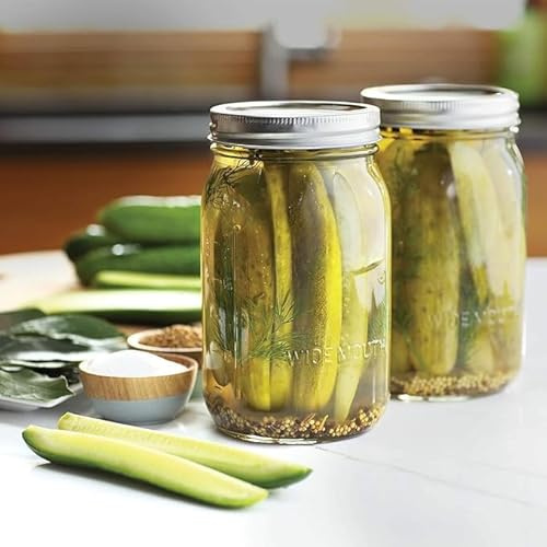 Necessia 12-Pack of Quart (32 oz.) Wide-Mouth Mason Jars with Silver Metal Lids and Bands, BPA-Free Clear Glass Canning and Storage Jars, Ideal for Pickling, Canning, Fermenting and Food Storage