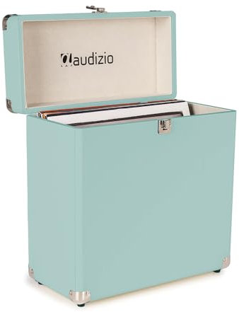 Audizio RC32 Vinyl Record Storage Case - Stylish LP Storage Case, Durable Record Case Holder with Soft Flannel Lining, Holds 30-35 Records, Sturdy Handle, Metal Latch & Hinge, Light Blue Finish