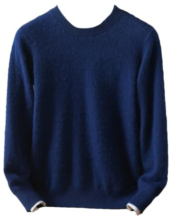 Maglione da uomo 100% cachemire di visone tinta unita con girocollo, a maniche lunghe, Blu denim, M