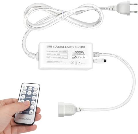 GZBtech Universal Dimmer für LED Streifen, 500 Watt Steckdimmer mit Fernbedienung, 20M Steuerungsreichweite (2-poliger Stecker)