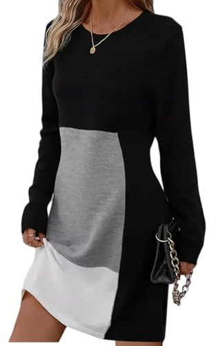 Onsoyours Femme Automne Hiver Robe Col en V à Manche Longue Patchwork Décontractée Élégante Vintage E Gris L