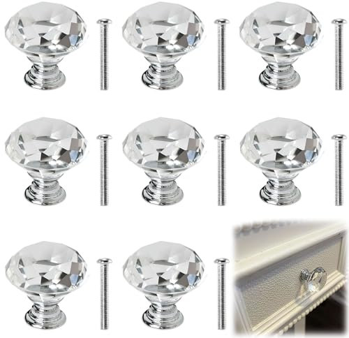Crystal Door Knobs,8 PCS 20MM Crystal Glass Cabinet Door Knobs with Screws,Clear Door Handles for Cupboards, Wardrobe, Sideboard, Drawer, Wardrobe Door