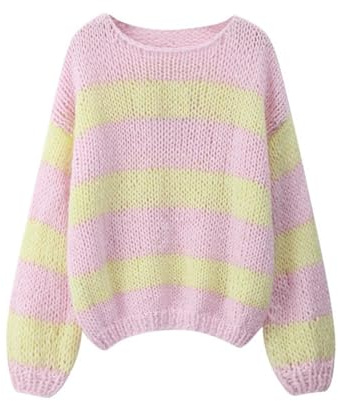 Geagodelia Women's Striped Jumper Oversized Knitted Sweater Ladies Long Sleeve Crew Neck Knitwear Pullover Top Streetwear Autumn Winter UK