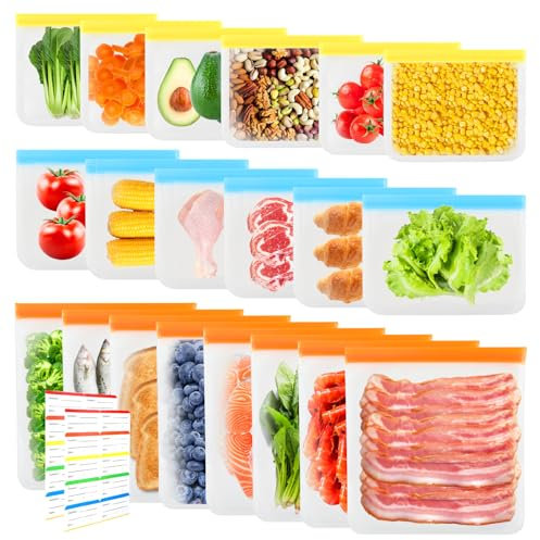 20 Pack Reusable Food Storage Bags 3Big Sizes Reusable Freezer Bags Silicone Zip Lock Pouches Eco-Friendly Liquid Leakproof Clear With 2 Stickers for Keeping Sandwich Vegetables Fruit Grains Fresh