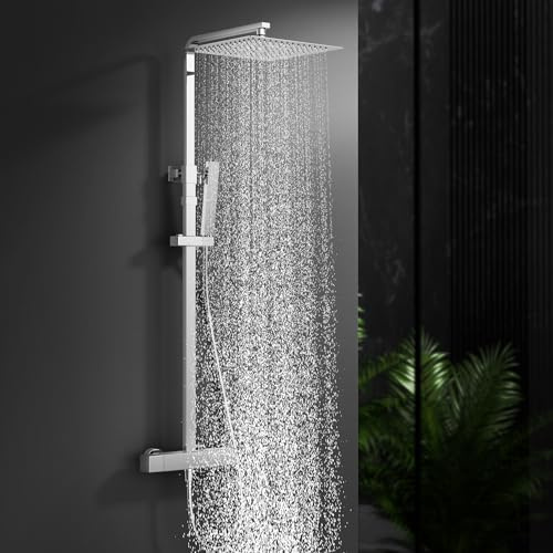 HOMELODY Kit complet de douche avec thermostat chromé - Système de douche en acier inoxydable avec pommeau de douche de 30 x 30 cm - Douche à effet pluie avec robinetterie - Set de douche carré pour
