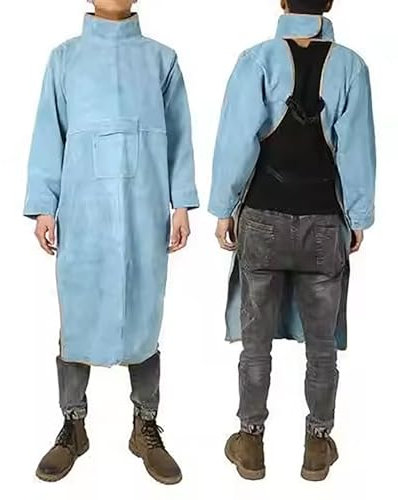 Delantal de soldadura de cuero con manga y bolsillo, delantal de soldadura de cuero de vaca resistente al calor y al fuego, azul, 120 cm