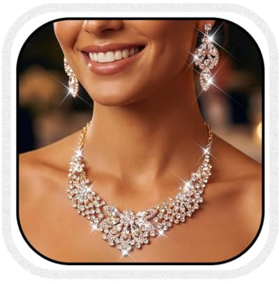 Unicra Gold Wedding Jewelry Set Rhinestone Bridal Necklace and Earrings Set Prom Indian Costume Jewelry Sets for Women (Gold)
