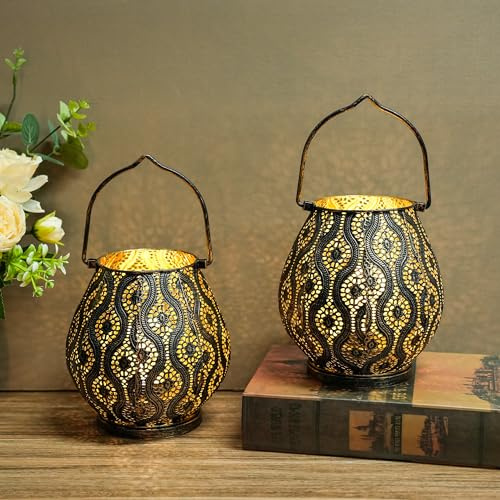 TRIROCKS Set of 2 Moroccan Decorative Lamps 8'' High Cordless Lamp Metal Table Lamps with Fairy Lights Bulb for Home Living Room Garden Yard Party Events Tabletop Indoor Outdoor(Black)