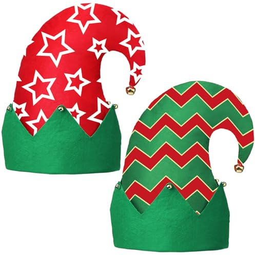 Jamntower 2 Pieces Christmas Elf Hat Colorful Funny Hats with Bells Holiday Party Accessories Green and Red Xmas Holiday Santa Hat Xmas Santa Headdress for Christmas Party Teens Adults(Classic 4)