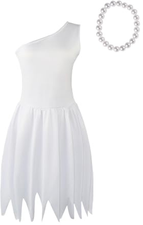 Generico Abito Monospalla Bianco Senza Maniche con Collana Famiglia Costume Primitivo Personaggi dei Cartoni Animati donna Costumi Divertenti per Adulti