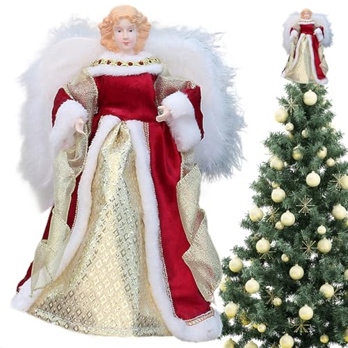 Cimier de Sapin de Noël Ange 11, 8 Pouces Cimier Sapin Ange Rouge et doré avec Aile à Plumes pour décoration Maison Vacances Noël