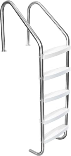 Escalera Piscina Antideslizante de Acero Inoxidable | 5 Peldaños | Resistente, Carga 150kg | Ideal para Piscina, SPA y Espacios Acuáticos (Plateado)