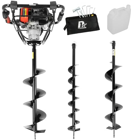 P1 56cc Petrol Earth Auger with Brake System – Post Hole Borer & Ground Drill with 100, 150 & 200mm Bits – Fence Post, Tree Planting & Groundwork Tool