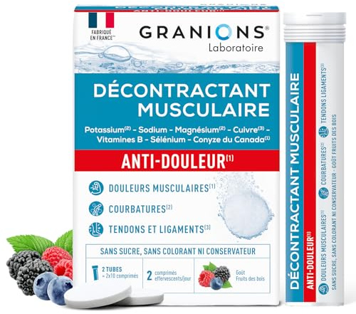GRANIONS DECONTRACTANT MUSCULAIRE - Magnesium, Vitamine B6, Vitamine B12, Selenium, Conyze du Canada - Réduit les crampes et courbatures - SANS SUCRE - 20 Comprimés Effervescents Arôme Fruits des Bois