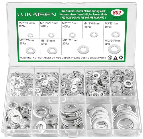 Lukaisen 802Pcs M2-M12 304 Stainless Steel Flat Washers Assortment Kit | M2 M2.5 M3 M4 M5 M6 M8 M10 M12, Corrosion Resistant Metal Gaskets for RC Cars, DIY Crafts, & Furniture Repair