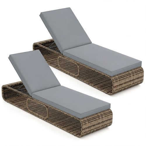 COSTWAY 2pcs Chaise Longue Jardin Exterieur Rotin PE avec Coussin, Bain de Soleil Inclinable à 7 Positions, Charge 180kg, Rangement Inférieur, Transat pour Jardin Piscine Terrasse, 185×65×86cm, Gris