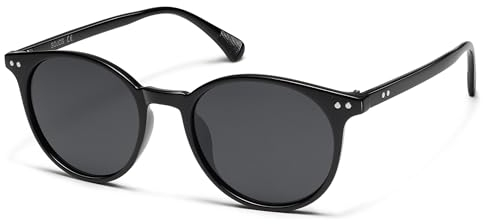 SOJOS Polarisiert Runde Sonnenbrille Damen Herren Retro Vintage UV400 Schutz Runde Kleine für Schmales Gesicht MAY SJ2113 mit Schwarzer Rahmen/Graue Linse