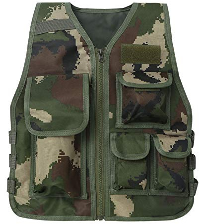 YEAHDOR Gilet Tattico Camuffamento da Bambino Giacca Mimetica con Multi Tasche per Gioco CS Gilet da Pesca Allenamento Esercito Combattimento Giubbotto Giochi all'Aperto Army Green S