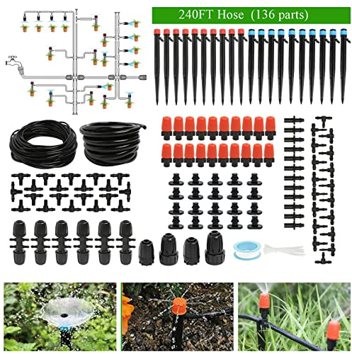 Kit sistema di irrigazione a goccia da 60 m, prato, pianta con tubo da 1/2 tubo di distribuzione da 1/4 emettitori a goccia con ugello nebulizzatore regolabile raccordi spinato
