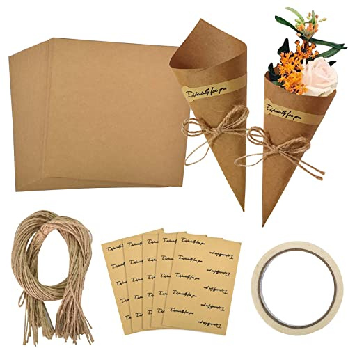 Cônes de Confettis de Mariage, Cône en Papier Kraft, avec Autocollants et Ficelle de Jute, Cônes pour Confettis de Fleurs Séchées, Pétales de Fleurs, Chocolats, Bonbons, Cotillons