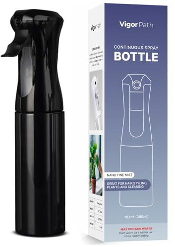 VIGOR PATH Continuous Spray Bottle for Hair – Fine Mist Mister for Hairstyling, Cleaning, Plants, Pets, Barbers, Salons, and Essential Oil Applications (300ml/10.1 oz) Black