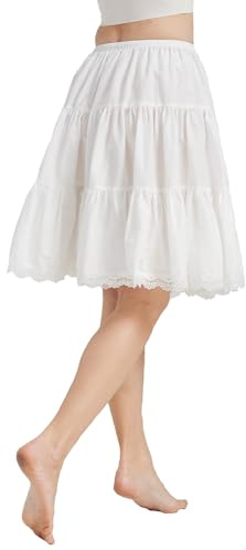 BEAUTELICATE Falda Mujer Algodón Larga Corta Combinación Enaguas para Vestido Boda Antiestática Negro Marfil con Encaje Dobladillo （Marfil-55cm de Longitud,2XL）