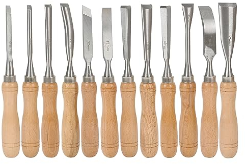 12-teilig Stechbeitel Set, Kerbschnitzsatz, Stecheisen Satz, Schnitzwerkzeug-Set, zum Schnitzen Holzmeiselset, in Holzkiste Schnitzset, ideales Schnitzmesser-Set, für Holz, Obst, Gemüse, Carving DIY