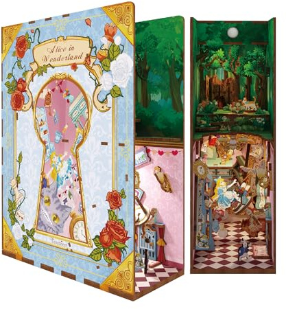 Tonecheer DIY Book Nook Kit, Puzzle 3D en Bois Adultes Bricolage Livre Nook Miniatures à Construire Modélisme à Construire, Book Étagère Insert Décoration Cadeau (Alice au Pays des Merveilles)