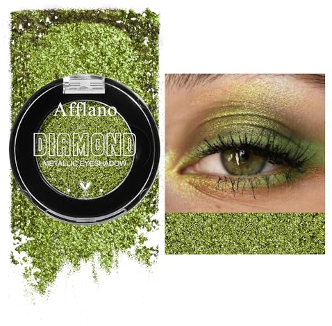 Afflano Olivgrüner Metallischer Glitzer Lidschatten, Einzelne Schimmernde Tiefgrüne Eyeshadow Palette, Kleine Metallische Lidschatten Palette für Mädchen Frauen Smokey Eye Look, 24H