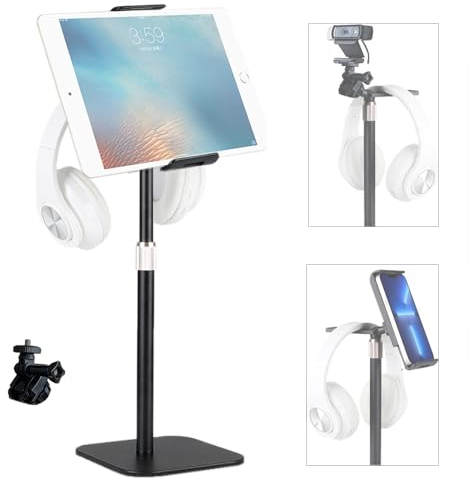Tentucro Support pour tablette, téléphone, webcam avec support pour casque, support de bureau réglable pour iPad, iPhone, Switch, Tab (4-12,9), webcam Logitech C930 C920 (filetage 6,35 mm), casque,