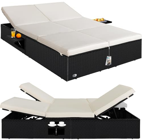 Casaria® Sonnenliege 2 Personen mit Klapptisch Gartenliege 7cm Auflagen Wetterfest 400kg Belastbar Liegestuhl Verstellbar Schwarz Anthrazit 200x115cm