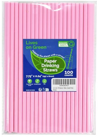 Lives on Green Solides Rosa Einweg-Papierstrohhalme 19,7cm 100 Stück - für Party, Cocktails, Cake Pops, Bars, Restaurants