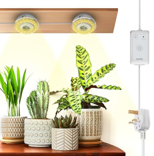 SANSI Dimmable Puck Grow Light for Indoor Plants,150W Equivalent 2-Head Full Spectrum LED Plant Lamp with Timer 4H/8H/12H, 4 Level Brightness, Ceramic Tech for Seedlings Flowers Succulents - White