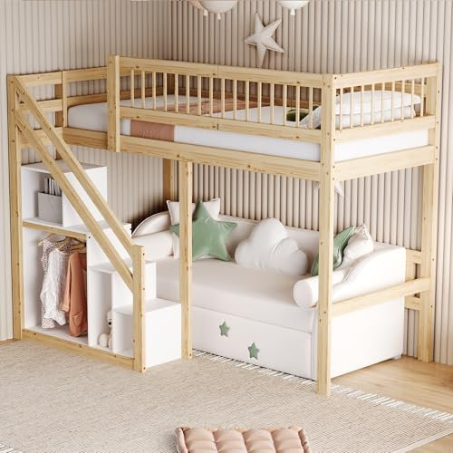 Kinderbett Etagenbett 90 x 200 cm, Hochbett mit Treppe und Aufbewahrungsschrank, Multifunktionsbett Einzelbett Stockbett Spielbett Kinderhochbett Jugendhochbett, Massivholz, Ohne Matratze, Holzfarbe