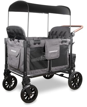 WONDERFOLD W4 Luxe Pro Stroller Wagon (4 Seater) - Collapsible Wagon with Seats Featuring 5-Point Safety Harnesses and Adjustable Sun Canopy, Charcoal Gray