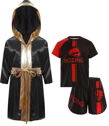 Runhomal Thai boxningsset pojke barn boxning shorts klänning badrock träning boxning kickboxning strid sport 5–16 år, svart röd , 9-10 ans