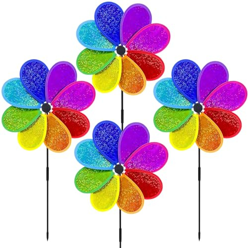 4 Pezzi Mulino a Vento Riflettente,Mulino a Vento Riflettente,Ruote a Vento per Uccelli e Uccelli, Mulino a Vento Colorato,Repellente per Uccelli Riflettente per Proteggere Giardini Fattorie Cortili