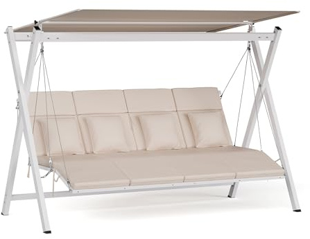 Blumfeldt FlexiSwing - Dondolo da Giardino, 4 Posti, Schienale & Tettuccio Regolabili, Telaio in Acciaio Verniciato, 320kg, Cuscini Spessi, Resistente alle Intemperie